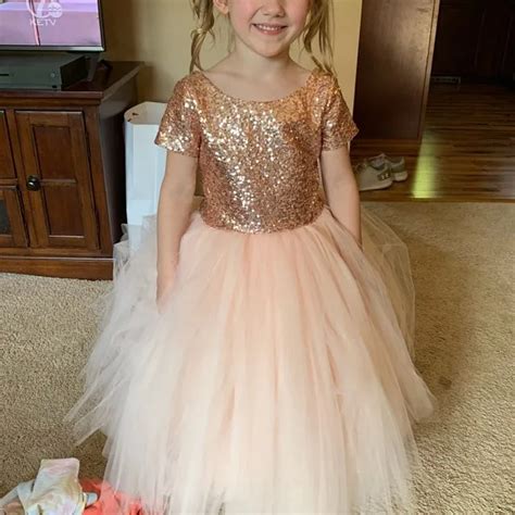 Fashion Rose Gold Sequins Flower Girls Dresses Jewel Neck Short Sleeves