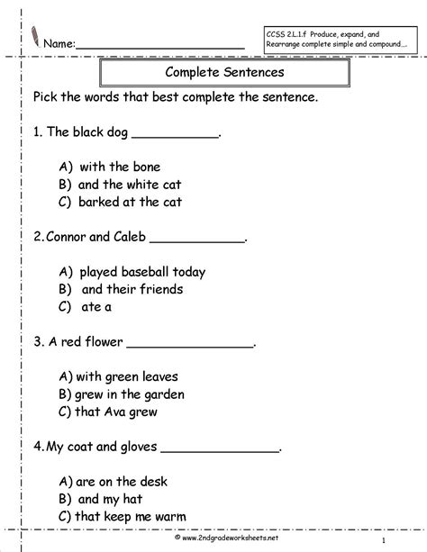 Free Printable Complete Sentence Worksheets