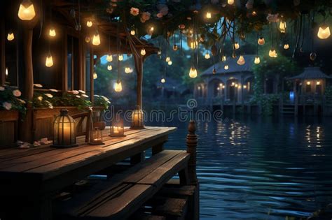 Serene Lakeside At Dusk Wooden Dock Twinkling Star Canopy And Full