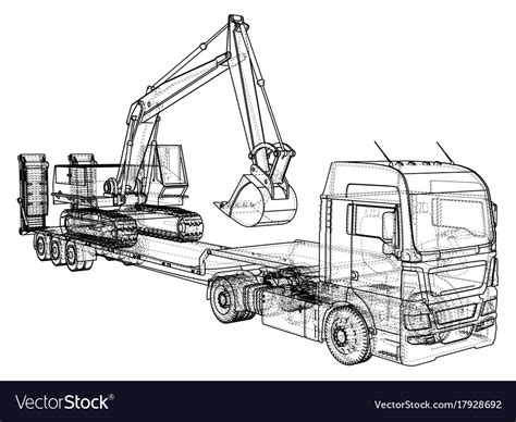 Low Bed Truck Trailer And Excavator Wire Frame Vector Image