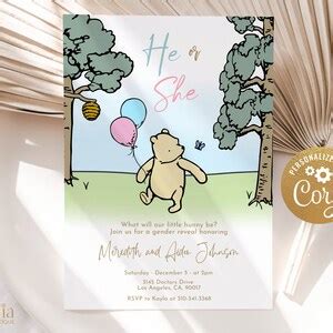 Classic Winnie The Pooh Gender Reveal Invitation Editable Etsy