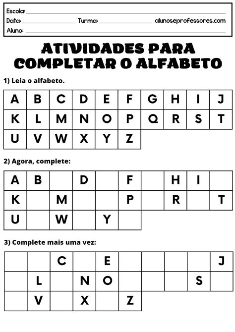 Atividades Para Completar O Alfabeto Para Imprimir Alunos E Professores