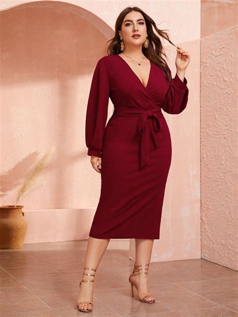 Shein Plus Plunging Neck Wrap Belted Pencil Dress Belted Dress Plus