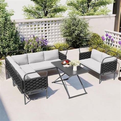 Zeus Ruta 5 Piece Metal Modern Patio Outdoor Sectional Set Woven Rope