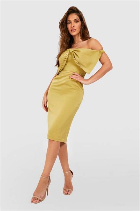 Off The Shoulder Bow Satin Midi Dress Boohoo Uk