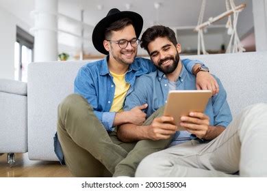 Happy Gay Couple Embraced Joking Having Stock Photo