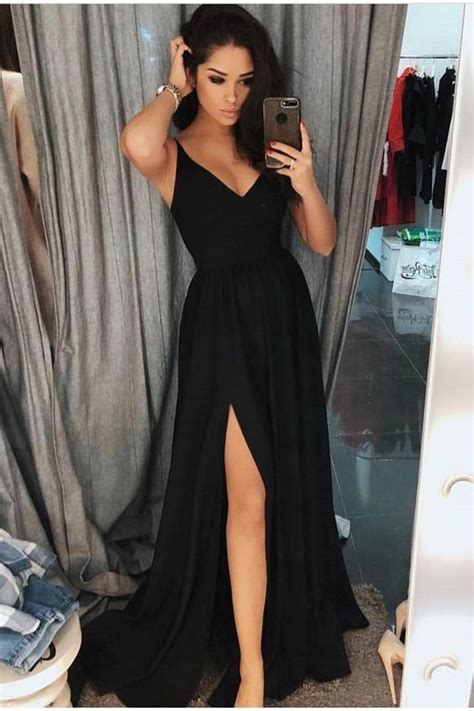 Simple Stunning V Neck Long Black Prom Dresses Formal Evening Dresses