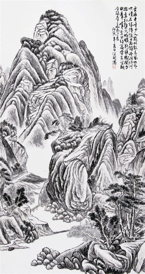 国画山水简笔画山水简单画山水水墨大山谷图库