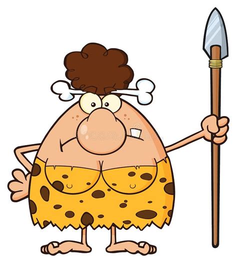Angry Brunette Cave Woman Cartoon Mascot Character Standing With A Spear Editorial Image