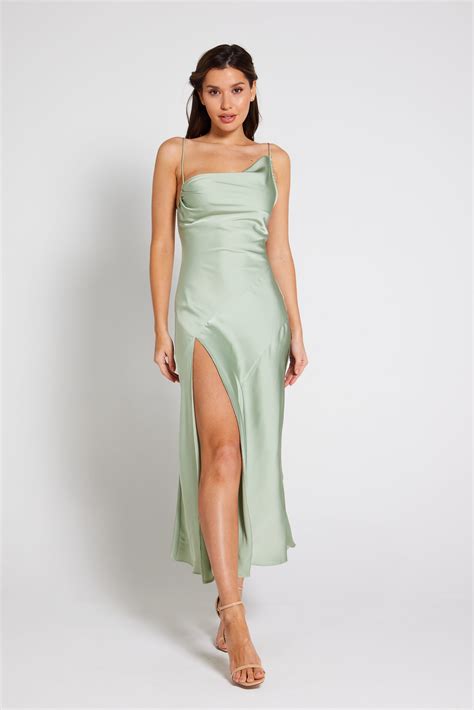 Sage Green Satin Dress With Asymmetric Cowl Neck Bridesmaid And Wedding