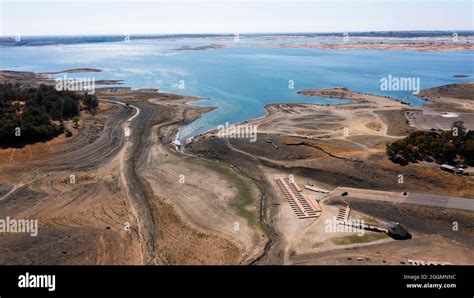 Aerial view of the severe drought conditions of Folsom Lake, a ...