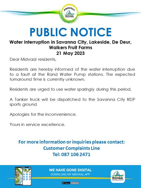 Midvaal Local Municipality On Twitter Public Notice Water Interruption