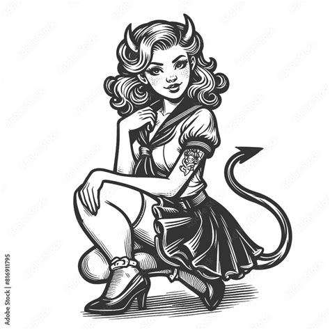 Devil Pin Up Woman Seated In A Playful Pose Featuring Stylized Horns