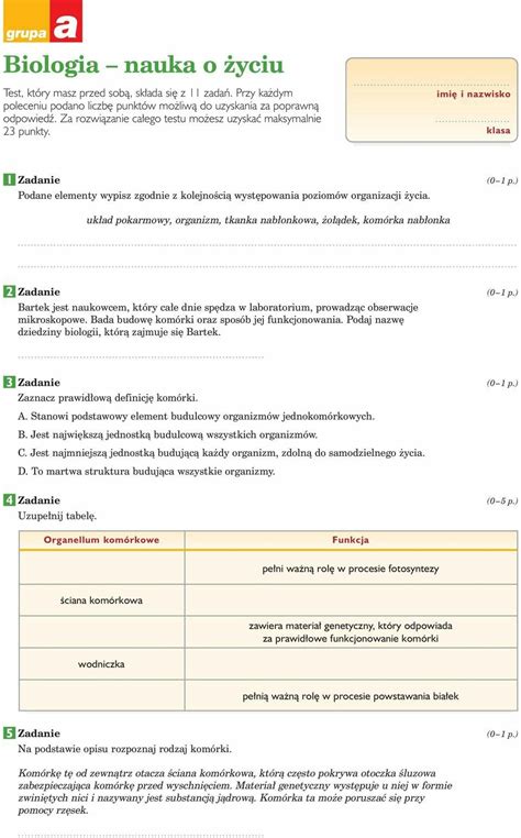 Biologia Klasa Dzia Sprawdzian Margaret Wiegel