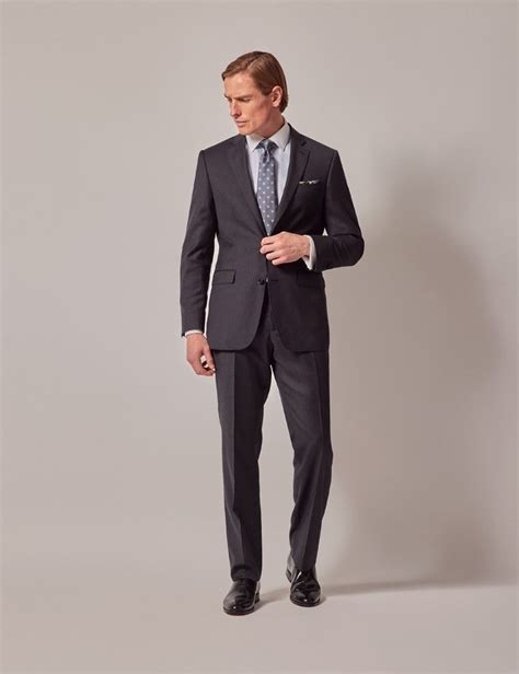 Mens Dark Charcoal Twill Wool Tailored Fit Suit Hawes And Curtis