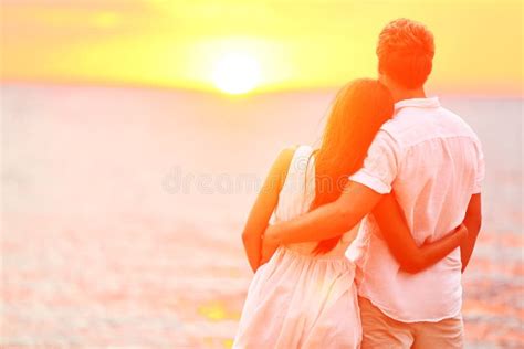 Honeymoon Couple Romantic In Love At Beach Sunset Stock Image Image