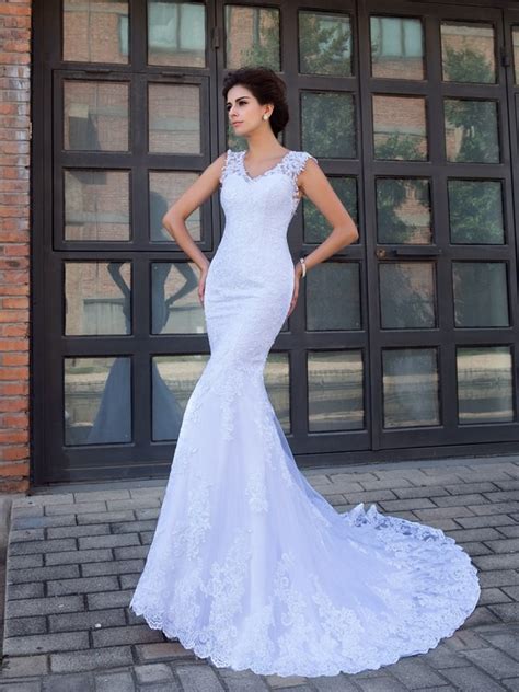 Trumpet Mermaid V Neck Applique Sleeveless Long Satin Wedding Dresses