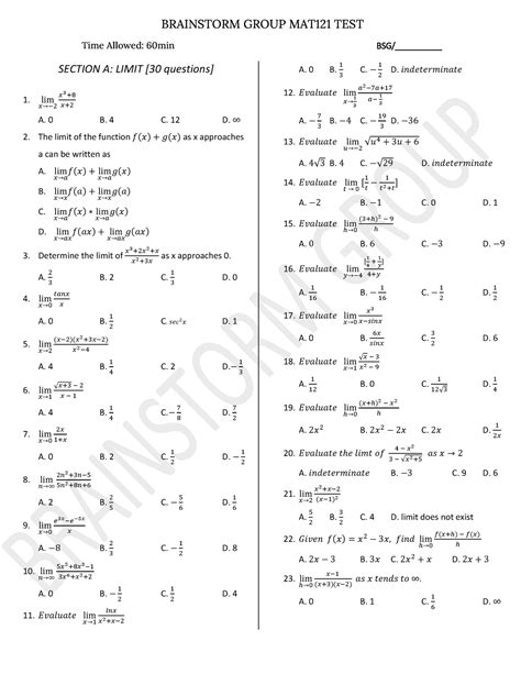 Bsg Mat Test Section A Limit Questions Lim