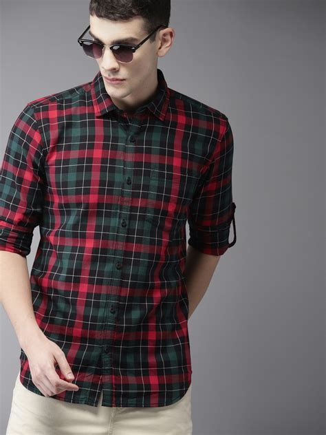 Buy Hereandnow Men Red And Green Slim Fit Checked Casual Shirt Shirts For