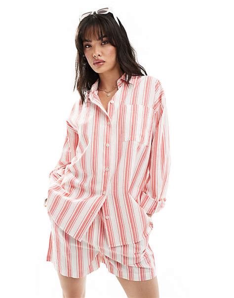 Asos Design Relaxed Shirt In Red Deckchair Stripe Asos