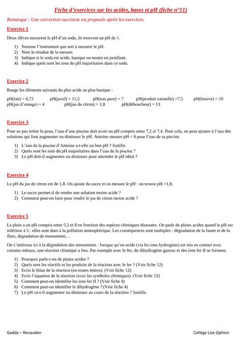 Pdf Fiche D Exercices Sur Les Acides Bases Et Ph Fiche N