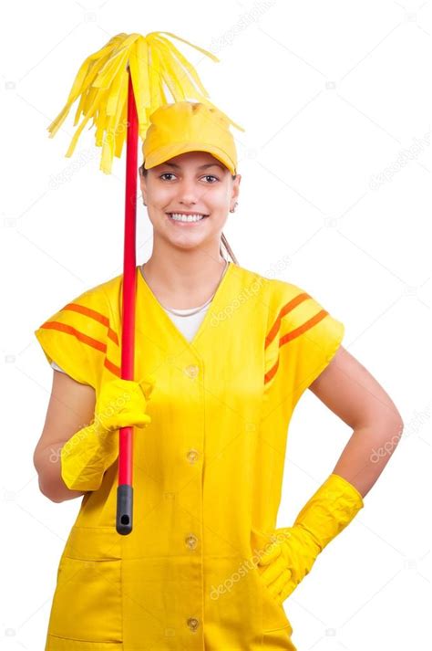 Happy Cleaning Lady In Uniform Wearing Gloves Cap And Holding Mop