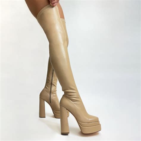 Marina Nude Double Platform Block Heel Thigh High Boots Simmi London