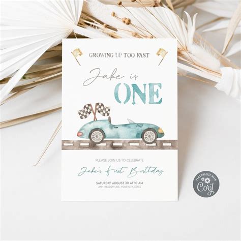 Blue Race Car St First Birthday Invitation Editable Boy Vintage Race