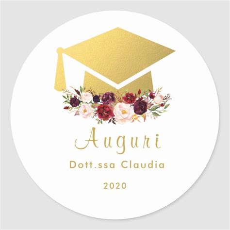 Graduate Gold Burgundy Watercolor Floral Classic Round Sticker Decoração