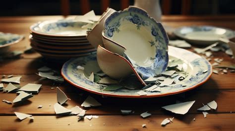 Premium Photo Many White Broken Plates On A Wooden Floor Broken