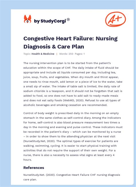 Congestive Heart Failure Nursing Diagnosis And Care Plan Free Essay Example