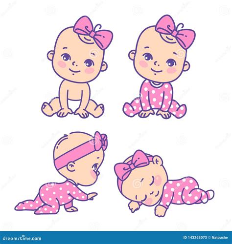 Cute Little Girl Icon Set. Collection of Vector Stickers of Little Baby ...