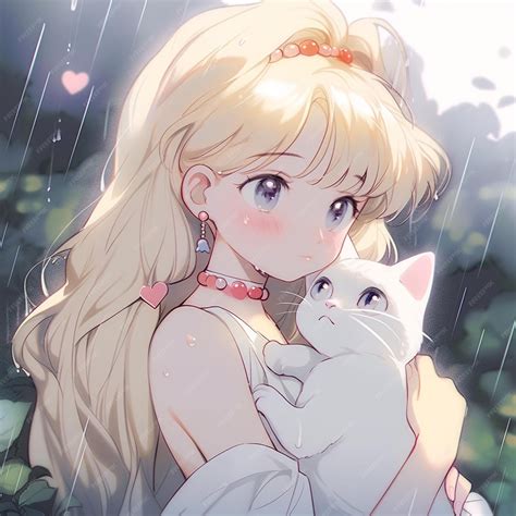 Premium Photo Anime Girl With Long Blonde Hair Hugging A White Cat In