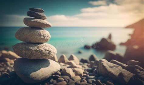 Harmonious Zen Stones With Serene Sea View As Dreamy Background Stock