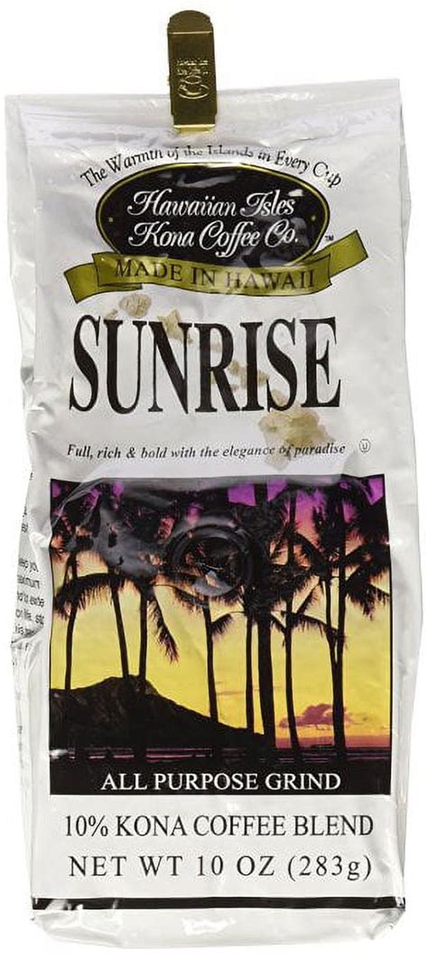 Hawaiian Isles Kona Coffee Co Kona Sunrise Ground Coffee 10 Ounce Bag