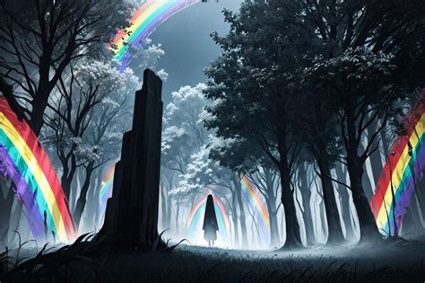 Bosque Oscuro Con Niebla Y Arco Iris Foto Premium