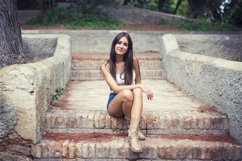 Women Model Sitting Photography Dress Smiling Jean Shorts