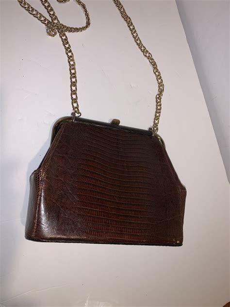 Vintage Small Brown Lizard Frame S Handbag Purse Gem