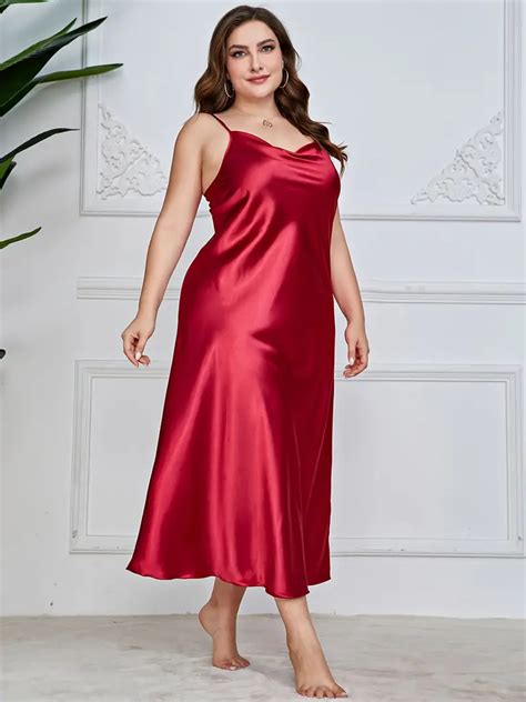 Plus Size Sexy Nightgown Womens Plus Luxe Satin Plain Cowl Temu