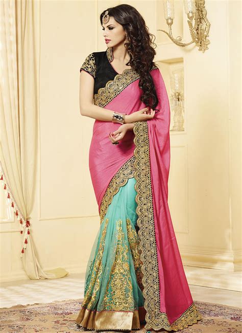 Glamorous Pink And Turquoise Saree