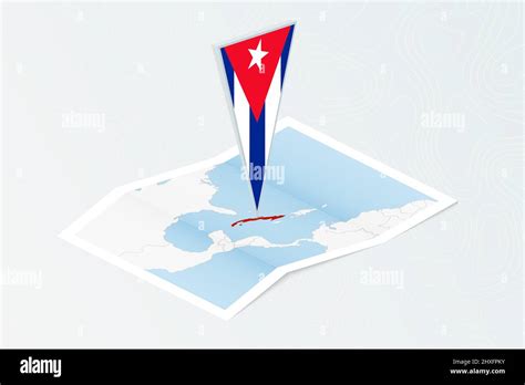 Isometric Paper Map Of Cuba With Triangular Flag Of Cuba In Isometric