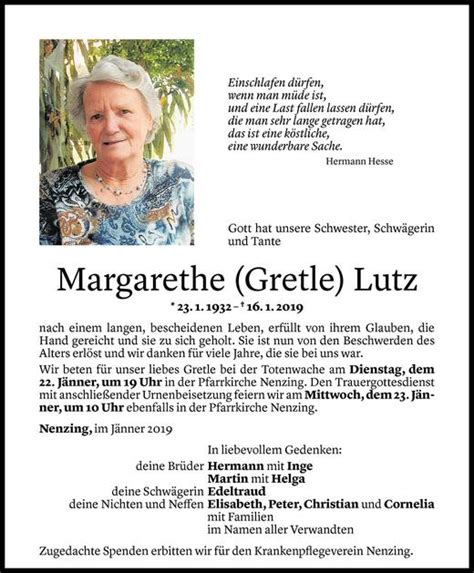 Todesanzeigen Von Margarethe Lutz Todesanzeigen Vorarlberger Nachrichten