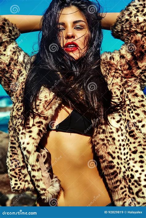 Hot Beautiful Girl Model With Dark Hair In Stylish Clothes Stock Image Image Of Multicolored