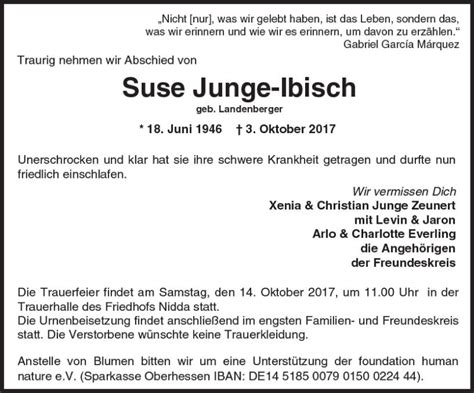 Traueranzeigen Von Suse Junge Ibisch Vrm Trauer De