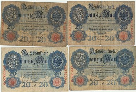 Deutschland 20 Mark Reichsbanknoten 1907 1908 1910 1914 MA Shops