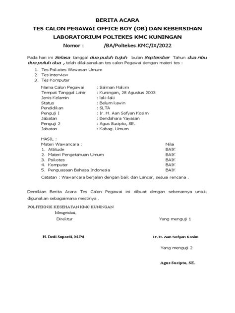 Berita Acara Test Karyawan Pdf