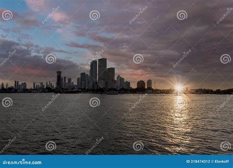 Colombia Scenic Cartagena Bay Bocagrande And City Skyline At Sunset