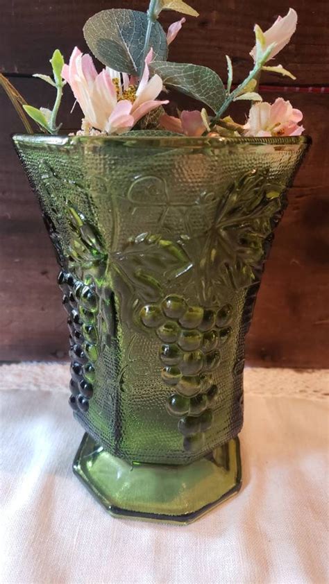 Vintage Anchor Hocking Olive Green Grape Harvest Pedestal Vase Etsy