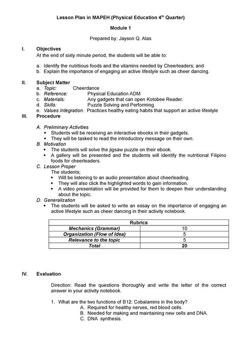 Lesson Plan In Mapeh Cheerdance Lesson Plan In Mapeh Physical