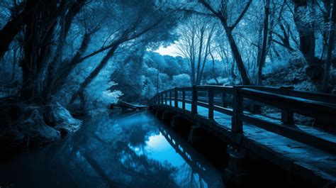 Beautiful Infrared Waterscape With Bridge At Night Background Blue